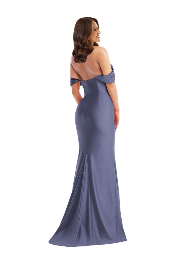 Günstige Französisch Blau Meerjungfrau Off-Schulter Seidiger Satin Lange Formale Brautjungfernkleider / Abendkleider / Abiballkleider
