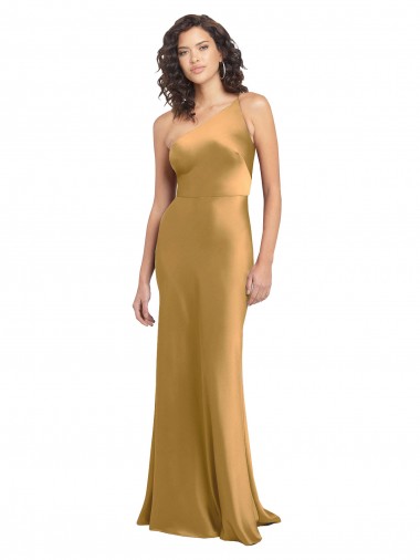 Günstige Gold A-Linien Eine-Schulter Stretch-Satin Lange Formale Brautjungfernkleider / Abendkleider / Abiballkleider