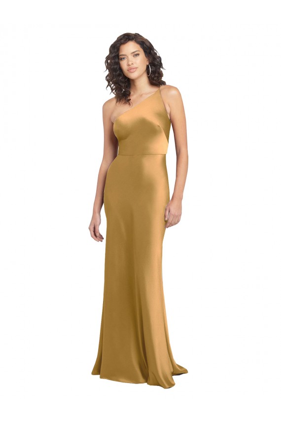 Günstige Gold A-Linien Eine-Schulter Stretch-Satin Lange Formale Brautjungfernkleider / Abendkleider / Abiballkleider