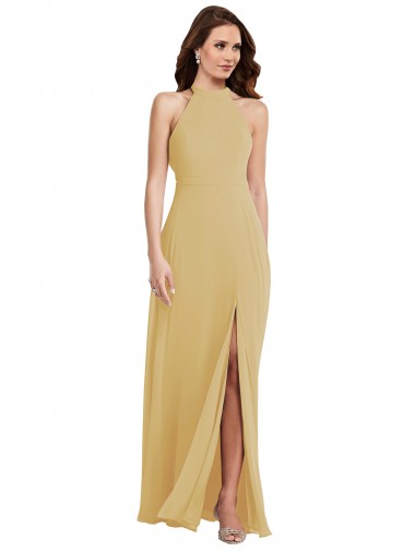 Günstige Gold A-Linien Neckholder Chiffon Lange Brautjungfernkleider