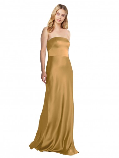 Günstige Gold A-Linien Trägerlos Stretch-Satin Lange Formale Brautjungfernkleider / Abendkleider / Abiballkleider