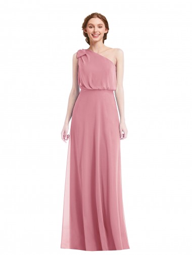 Günstige Hautrosa A-Linien Eine-Schulter Chiffon Lange Brautjungfernkleider