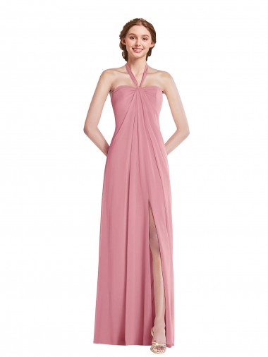 Günstige Hautrosa A-Linien Neckholder Chiffon Lange Brautjungfernkleider