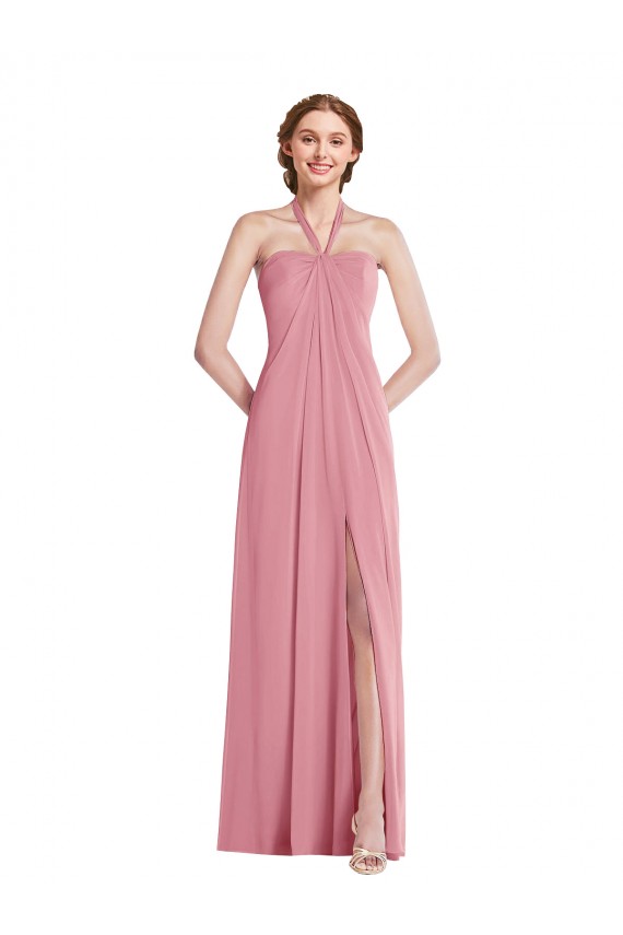 Günstige Hautrosa A-Linien Neckholder Chiffon Lange Brautjungfernkleider