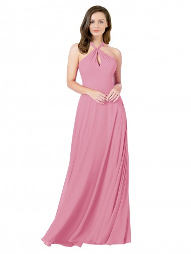 Günstige Hautrosa A-Linien Neckholder Chiffon Lange Brautjungfernkleider / Abiballkleider