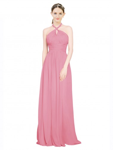 Günstige Hautrosa A-Linien Neckholder V-Ausschnitt Chiffon Lange Brautjungfernkleider