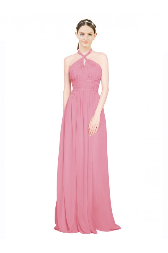 Günstige Hautrosa A-Linien Neckholder V-Ausschnitt Chiffon Lange Brautjungfernkleider