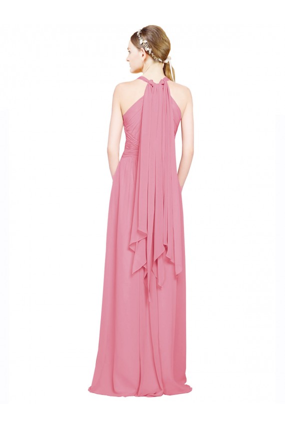 Günstige Hautrosa A-Linien Neckholder V-Ausschnitt Chiffon Lange Brautjungfernkleider