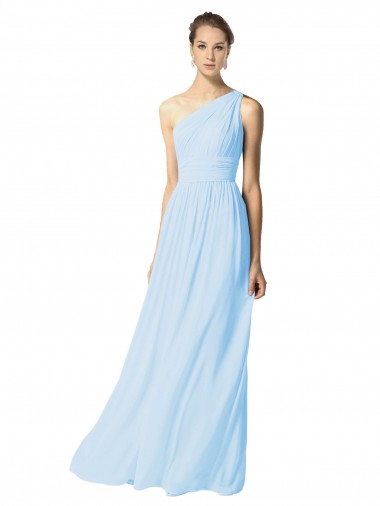 Günstige Helles Himmelblau A-Linien Eine-Schulter Chiffon Lange Brautjungfernkleider