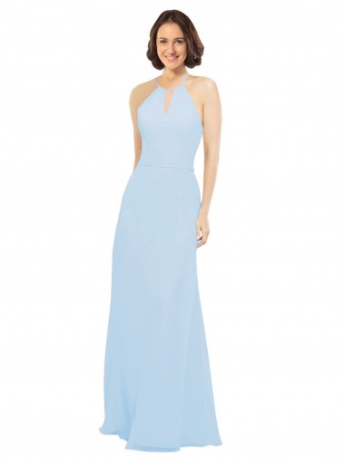 Günstige Helles Himmelblau A-Linien Neckholder Chiffon Lange Brautjungfernkleider
