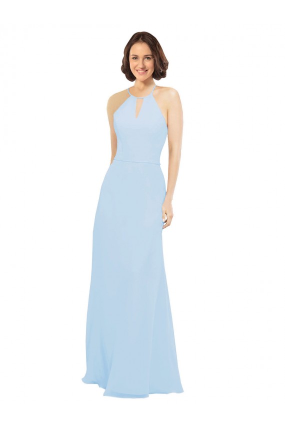 Günstige Helles Himmelblau A-Linien Neckholder Chiffon Lange Brautjungfernkleider