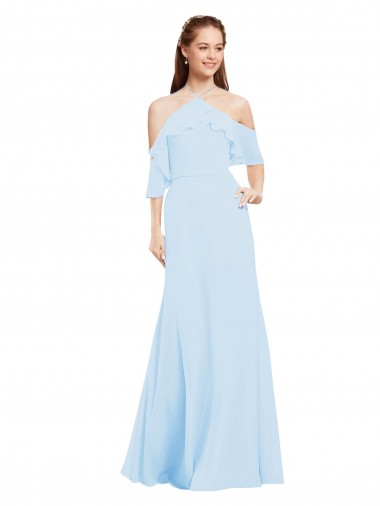 Günstige Helles Himmelblau A-Linien Neckholder Chiffon Lange Brautjungfernkleider