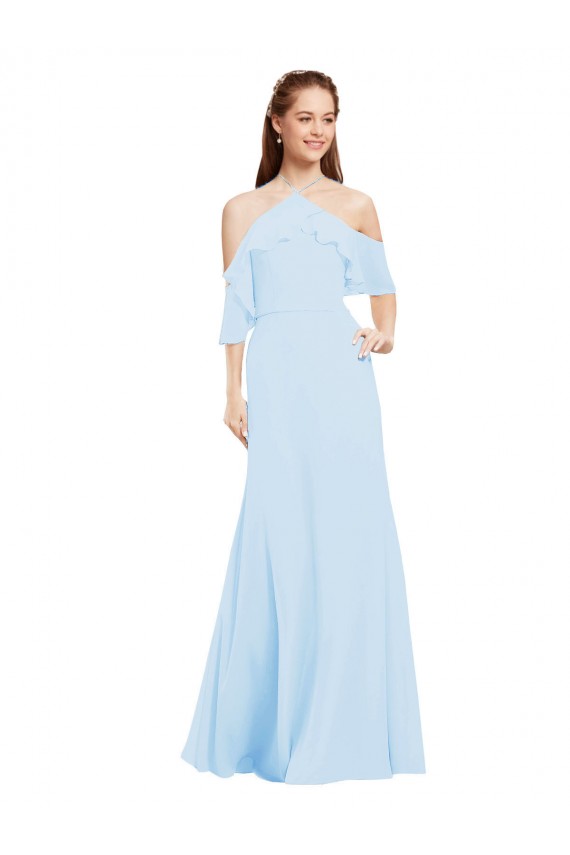 Günstige Helles Himmelblau A-Linien Neckholder Chiffon Lange Brautjungfernkleider