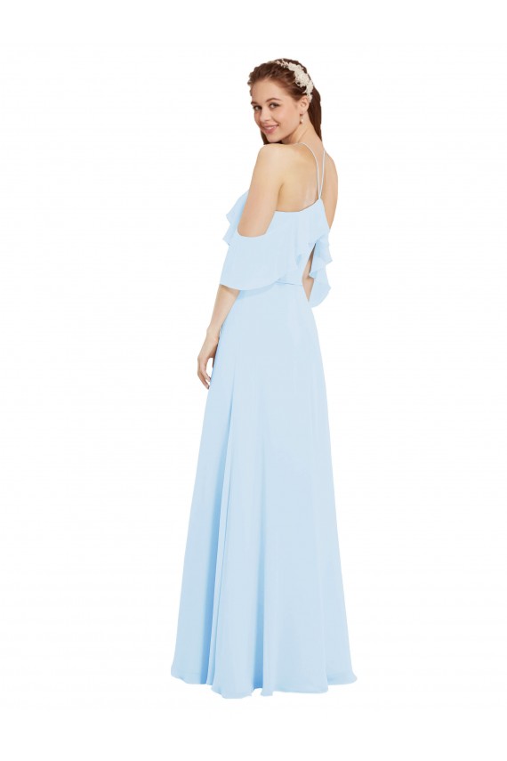Günstige Helles Himmelblau A-Linien Neckholder Chiffon Lange Brautjungfernkleider