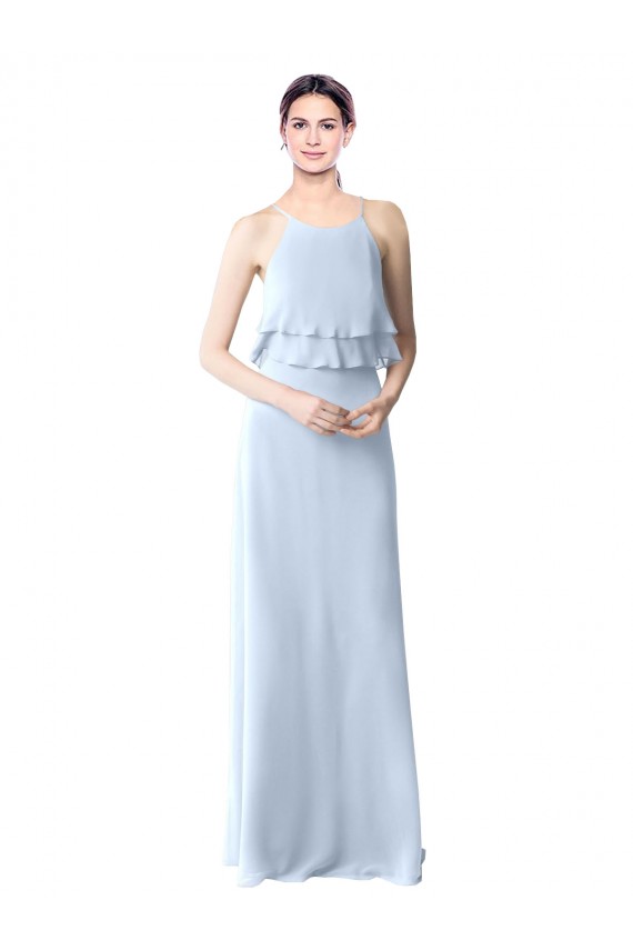 Günstige Helles Himmelblau A-Linien Neckholder Chiffon Lange Brautjungfernkleider