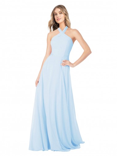 Günstige Helles Himmelblau A-Linien Neckholder Stehkragen Ausschnitt Chiffon Lange Brautjungfernkleider