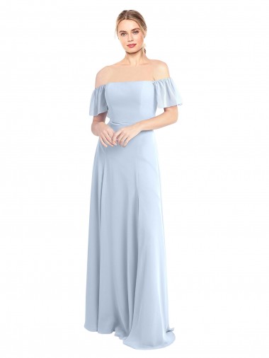 Günstige Helles Himmelblau A-Linien Off-Schulter Quadrat Ausschnitt Chiffon Lange Brautjungfernkleider