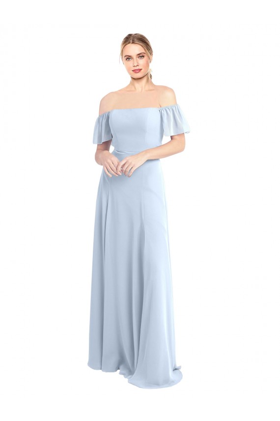 Günstige Helles Himmelblau A-Linien Off-Schulter Quadrat Ausschnitt Chiffon Lange Brautjungfernkleider