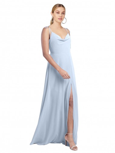 Günstige Helles Himmelblau A-Linien Spaghetti-Träger Haube Ausschnitt Chiffon Lange Brautjungfernkleider