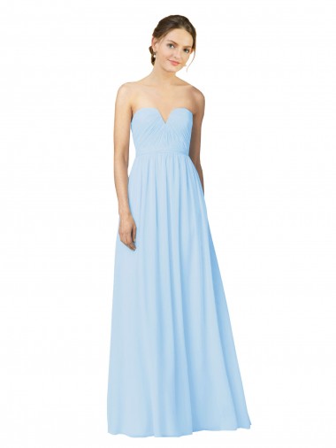 Günstige Helles Himmelblau A-Linien Trägerlos Chiffon Lange Brautjungfernkleider