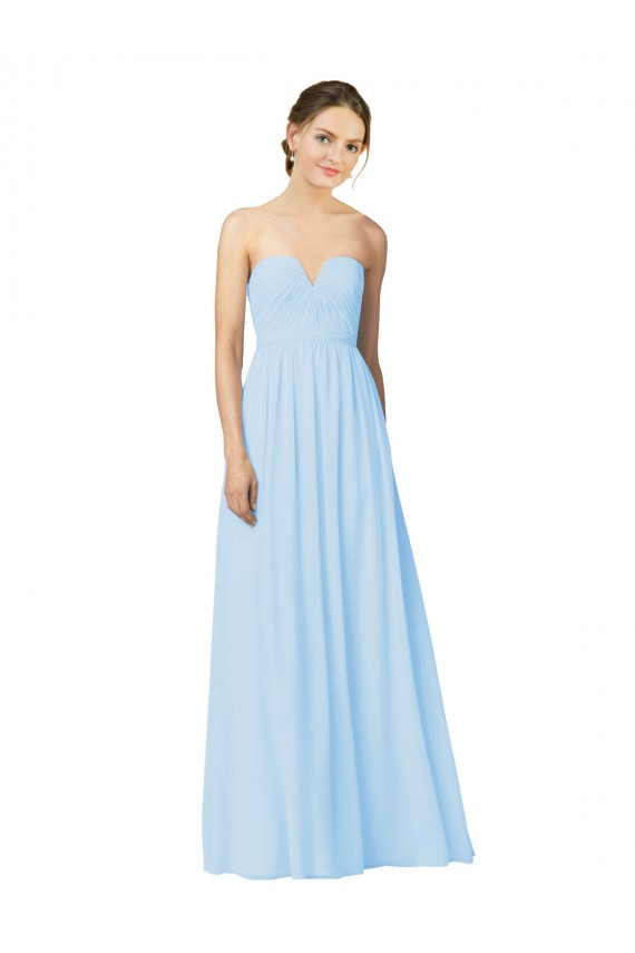 Günstige Helles Himmelblau A-Linien Trägerlos Chiffon Lange Brautjungfernkleider