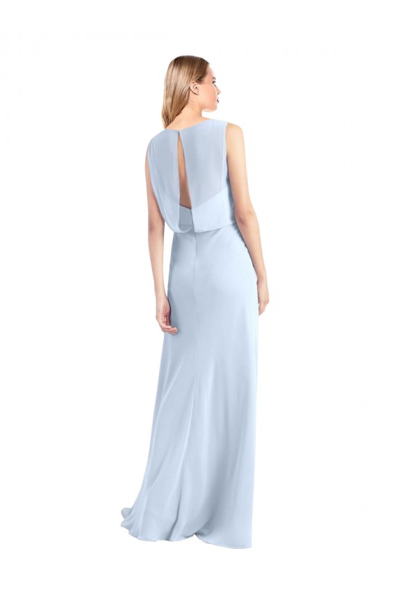 Günstige Helles Himmelblau A-Linien V-Ausschnitt Chiffon Lange Brautjungfernkleider