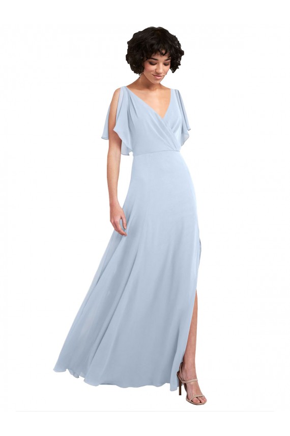 Günstige Helles Himmelblau A-Linien V-Ausschnitt Chiffon Lange Brautjungfernkleider