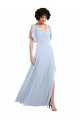 Günstige Helles Himmelblau A-Linien V-Ausschnitt Chiffon Lange Brautjungfernkleider