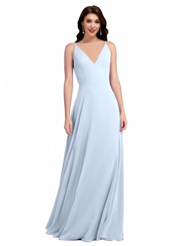 Günstige Helles Himmelblau A-Linien V-Ausschnitt Chiffon Lange Brautjungfernkleider