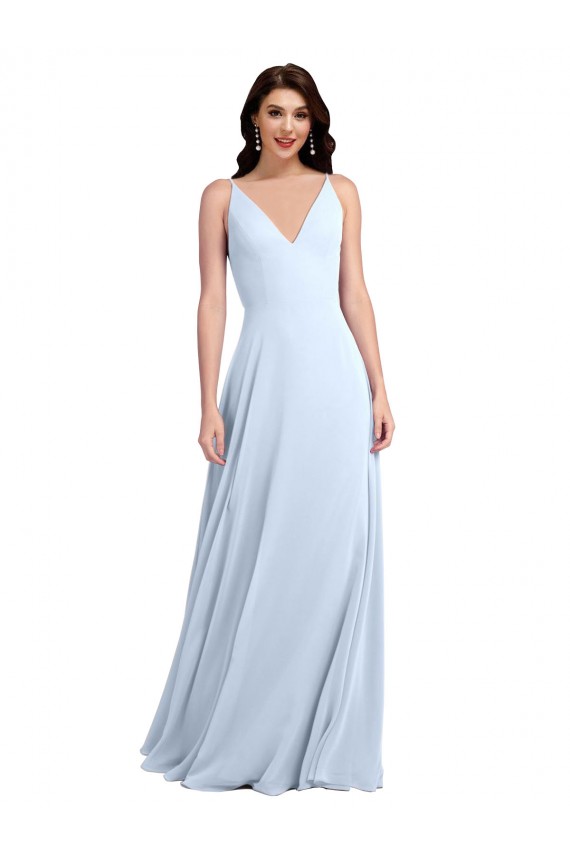 Günstige Helles Himmelblau A-Linien V-Ausschnitt Chiffon Lange Brautjungfernkleider