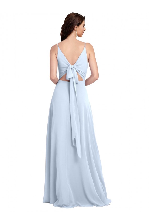 Günstige Helles Himmelblau A-Linien V-Ausschnitt Chiffon Lange Brautjungfernkleider