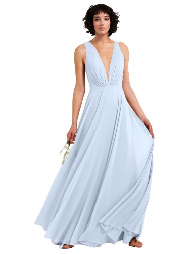 Günstige Helles Himmelblau A-Linien V-Ausschnitt Chiffon Lange Brautjungfernkleider