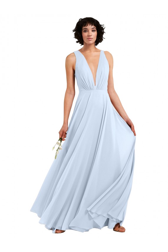 Günstige Helles Himmelblau A-Linien V-Ausschnitt Chiffon Lange Brautjungfernkleider