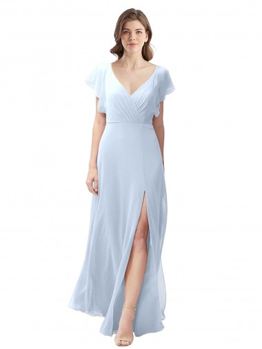Günstige Helles Himmelblau A-Linien V-Ausschnitt Chiffon Lange Brautjungfernkleider