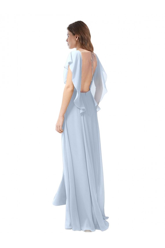 Günstige Helles Himmelblau A-Linien V-Ausschnitt Chiffon Lange Brautjungfernkleider