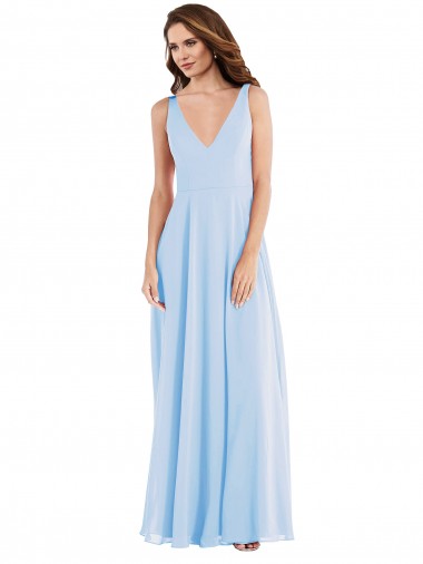 Günstige Helles Himmelblau A-Linien V-Ausschnitt Chiffon Lange Brautjungfernkleider