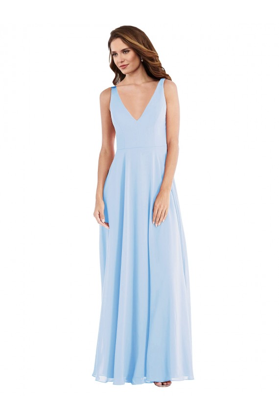Günstige Helles Himmelblau A-Linien V-Ausschnitt Chiffon Lange Brautjungfernkleider