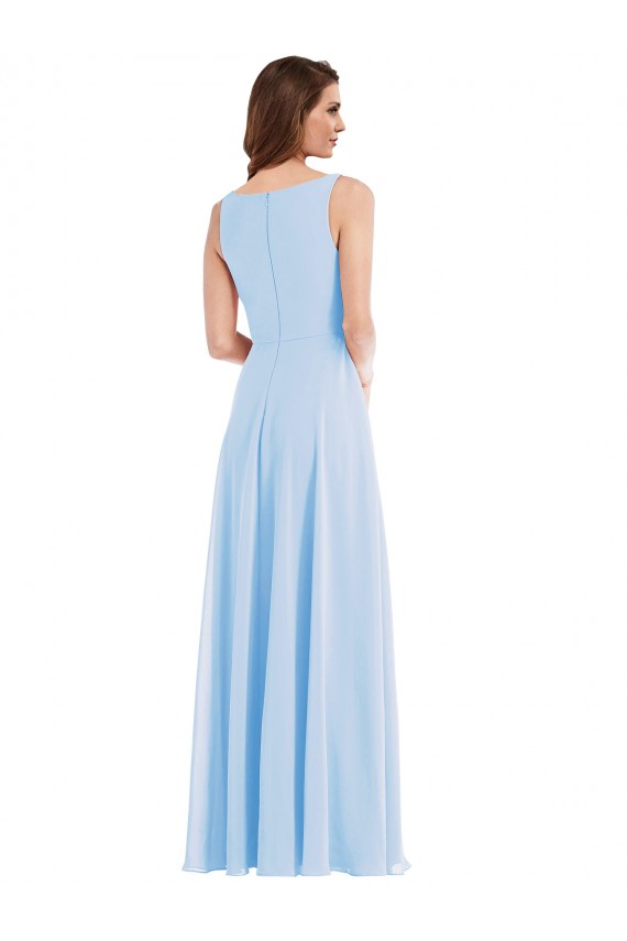 Günstige Helles Himmelblau A-Linien V-Ausschnitt Chiffon Lange Brautjungfernkleider