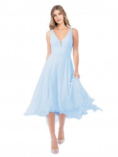 Günstige Helles Himmelblau A-Linien V-Ausschnitt Midi Chiffon Kurze Brautjungfernkleider / Cocktailkleider / Heimkehr Kleider