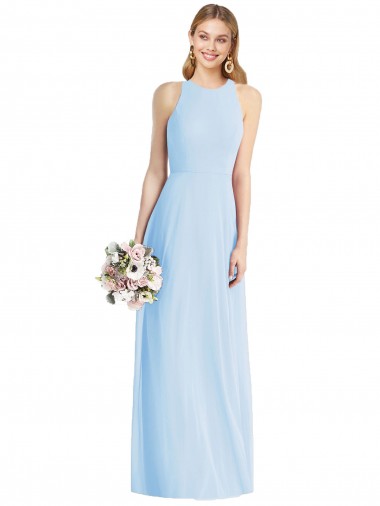 Günstige Helles Himmelblau Trompete Neckholder Chiffon Lange Brautjungfernkleider