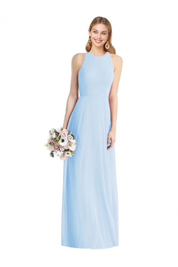 Günstige Helles Himmelblau Trompete Neckholder Chiffon Lange Brautjungfernkleider