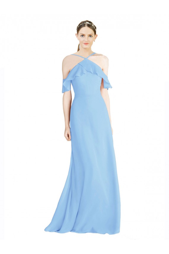 Günstige Immergrün A-Linien Neckholder Chiffon Lange Brautjungfernkleider