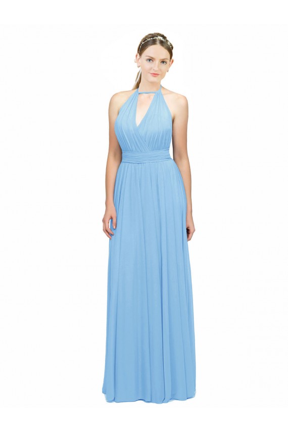 Günstige Immergrün A-Linien Neckholder Chiffon Lange Brautjungfernkleider