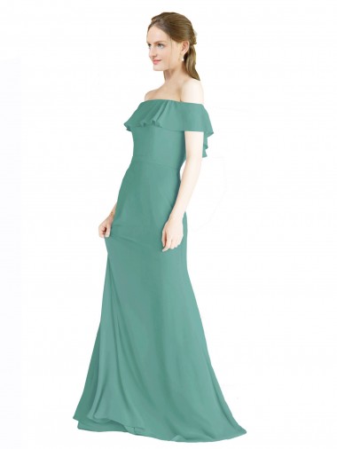 Günstige Isländisches Silber A-Linien Off-Schulter Chiffon Lange Brautjungfernkleider