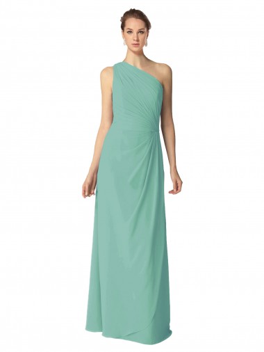 Günstige Jade A-Linien Eine-Schulter Chiffon Lange Brautjungfernkleider