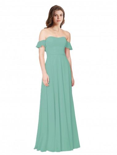 Günstige Jade A-Linien Off-Schulter Chiffon Lange Brautjungfernkleider