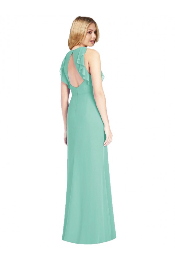 Günstige Jade Meerjungfrau Juwel Ausschnitt Chiffon Lange Brautjungfernkleider