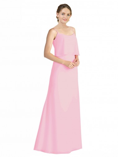 Günstige Kaum Rosa A-Linien Spaghetti-Träger Chiffon Lange Brautjungfernkleider