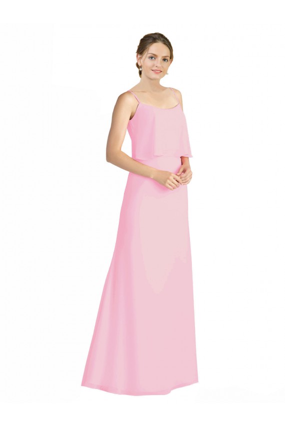 Günstige Kaum Rosa A-Linien Spaghetti-Träger Chiffon Lange Brautjungfernkleider