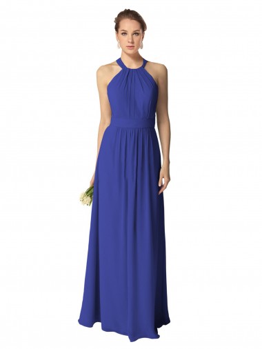 Günstige Königsblau A-Linien Neckholder Chiffon Lange Brautjungfernkleider